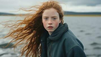 een jong vrouw met rood haar- staand in voorkant van een lichaam van water generatief ai foto