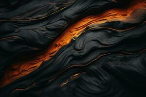 een abstract zwart en oranje lava stromen Aan een zwart achtergrond generatief ai foto