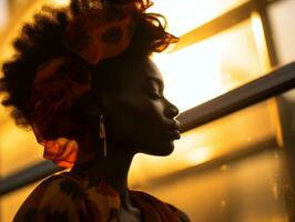 een Afrikaanse Amerikaans vrouw vervelend een afro in voorkant van de zon generatief ai foto