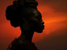 een Afrikaanse vrouw is aftekenen tegen een oranje lucht generatief ai foto
