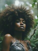 een Afrikaanse vrouw met een afro in de bossen generatief ai foto