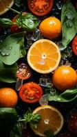 een assortiment van sinaasappels tomaten en basilicum Aan een zwart oppervlakte generatief ai foto