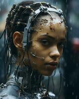 een beeld van een vrouw in een robot pak in de regen generatief ai foto