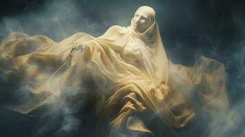 een beeld van een vrouw in een wit gewaad zittend in de rook generatief ai foto