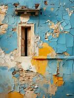 een oud blauw en geel geschilderd muur met pellen verf generatief ai foto