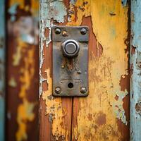 een oud roestig deur knop Aan een deur met pellen verf generatief ai foto