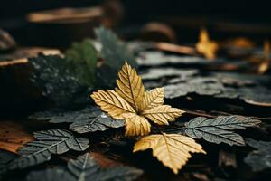 herfst bladeren Aan een houten tafel generatief ai foto