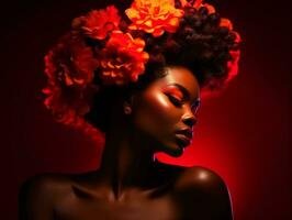 mooi Afrikaanse vrouw met rood bloemen in haar haar- generatief ai foto