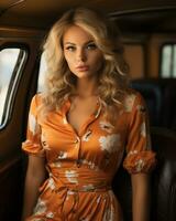 mooi blond vrouw in een oranje jurk zittend in de terug stoel van een auto generatief ai foto