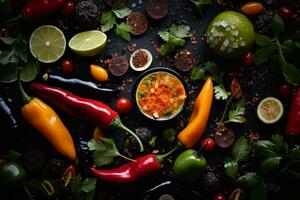 Mexicaans voedsel ingrediënten Aan een zwart achtergrond generatief ai foto