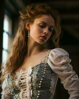 portret van een mooi jong vrouw in Renaissance kostuum generatief ai foto