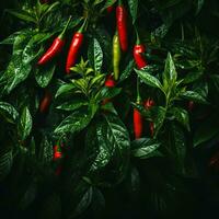 rood Chili paprika's groeit Aan een fabriek generatief ai foto