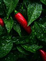 rood Chili paprika's met water druppels Aan de bladeren generatief ai foto