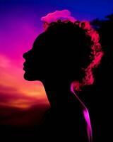 silhouet van een vrouw in voorkant van een kleurrijk zonsondergang generatief ai foto