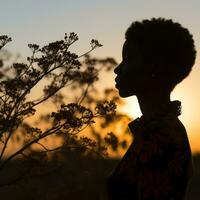 silhouet van een jong Afrikaanse vrouw in voorkant van een boom Bij zonsondergang generatief ai foto