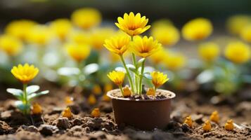 klein geel bloemen groeit in een pot Aan de grond generatief ai foto