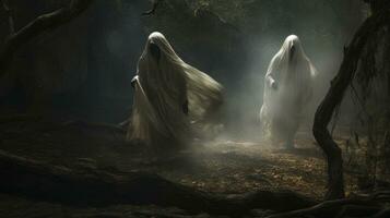 twee spookachtig figuren in de bossen generatief ai foto