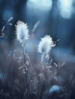 twee wit pluizig planten in de midden- van een veld- generatief ai foto