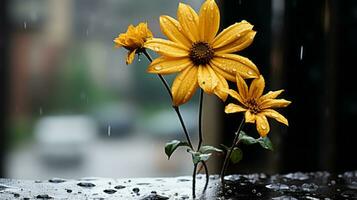 twee geel bloemen in de regen Aan een venster dorpel generatief ai foto
