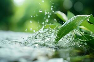 water spatten Aan een groen blad met water druppels generatief ai foto