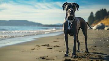 een majestueus Super goed dane staand Aan een strand met een zwart riem foto