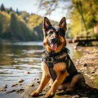 een loyaal Duitse herder zittend door een meer met een bruin riem foto