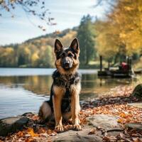 een loyaal Duitse herder zittend door een meer met een bruin riem foto