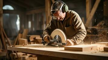 timmerman snijdend hout met een circulaire foto