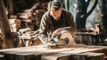 timmerman snijdend hout met een circulaire foto