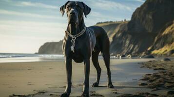 een majestueus Super goed dane staand Aan een strand met een zwart riem foto