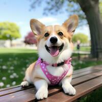 een schattig corgi zittend Aan een park bank met een roze riem foto