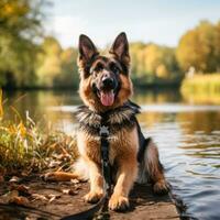 een loyaal Duitse herder zittend door een meer met een bruin riem foto