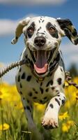 een speels dalmatiër rennen in een veld- met een geel riem foto