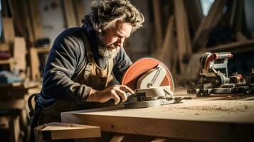 timmerman snijdend hout met een circulaire foto