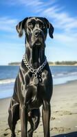 een majestueus Super goed dane staand Aan een strand met een zwart riem foto