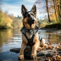 een loyaal Duitse herder zittend door een meer met een bruin riem foto