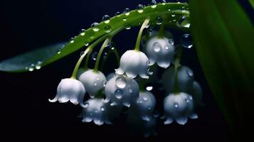 lelie van de vallei bloem met regendruppels. wit klein bloemen bloeide na regenen, extreem detailopname professioneel fotografie. ai gegenereerd foto