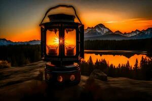 een lantaarn is lit in voorkant van een meer Bij zonsondergang. ai-gegenereerd foto