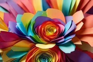 een kleurrijk papier bloem arrangement met een regenboog van kleuren. ai-gegenereerd foto