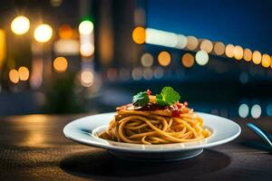 spaghetti met tomaat saus Aan een bord. ai-gegenereerd foto