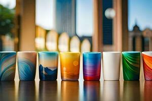 een rij van kleurrijk cups bekleed omhoog Aan een tafel. ai-gegenereerd foto