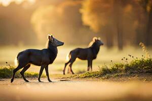 twee hert zijn wandelen in de veld- Bij zonsondergang. ai-gegenereerd foto