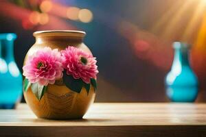 een vaas met roze bloemen zittend Aan een tafel. ai-gegenereerd foto