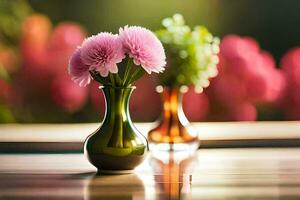 twee roze bloemen in een vaas Aan een tafel. ai-gegenereerd foto