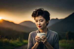 een vrouw Holding een kop van koffie in voorkant van een berg. ai-gegenereerd foto