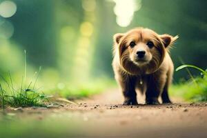 een klein bruin hond is wandelen Aan een aarde weg. ai-gegenereerd foto