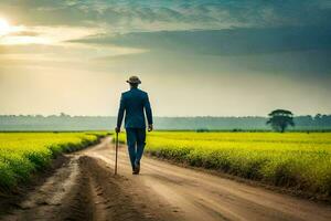 een Mens in een pak wandelen naar beneden een aarde weg. ai-gegenereerd foto