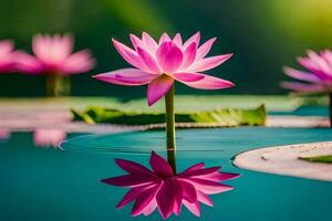 roze lotus bloemen in water met groen bladeren. ai-gegenereerd foto