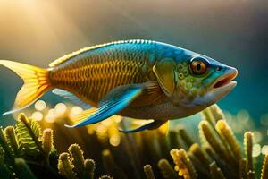 een vis zwemmen in de oceaan met zonlicht schijnt. ai-gegenereerd foto