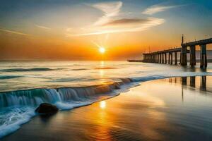 zonsondergang over- de oceaan met golven crashen in de oever. ai-gegenereerd foto